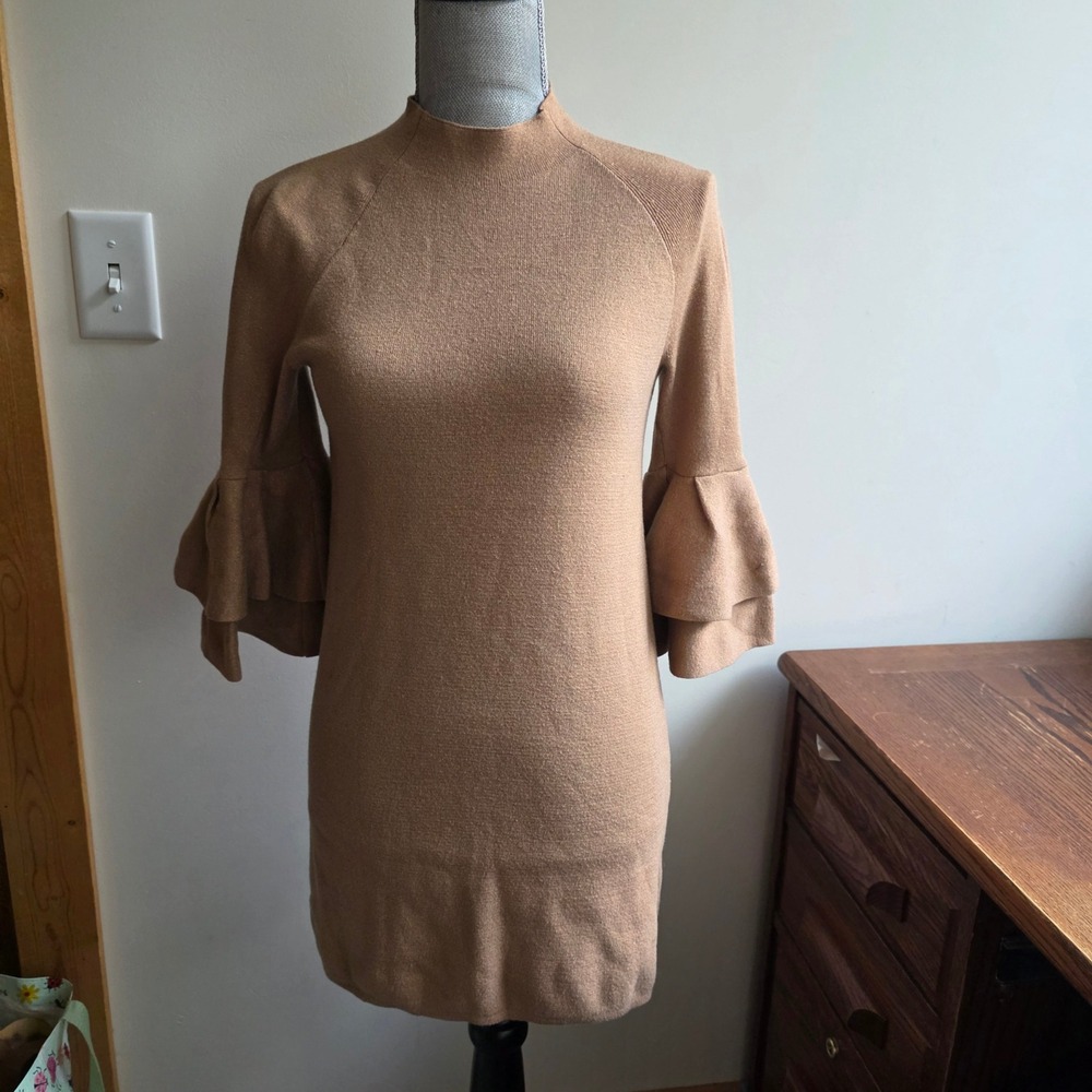 Anthropologie Claudette‎ Sweater Dress Shimmer Fairy Belle Sleeve Tan Gold Small